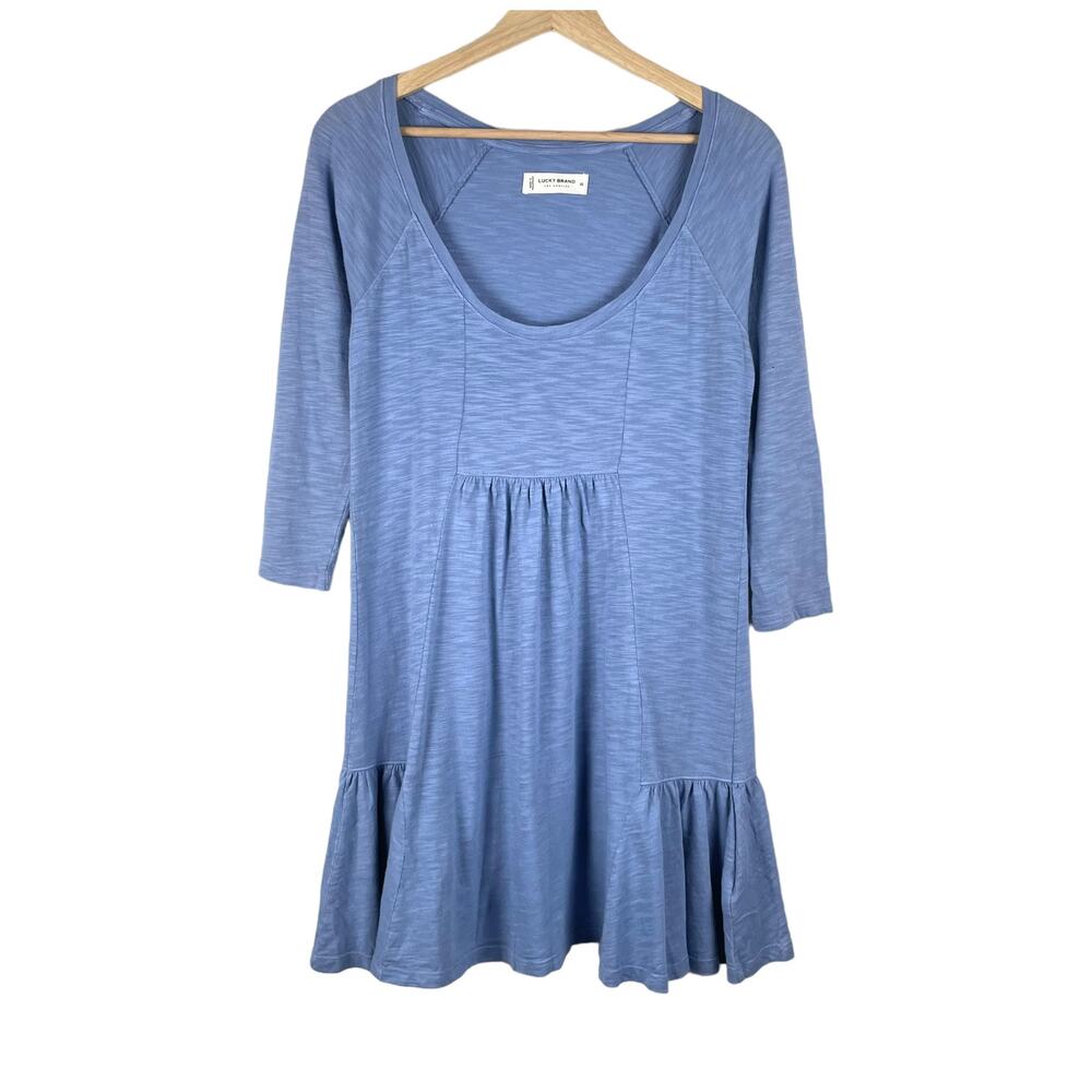 Lucky Brand Dress XS Chambray Blue Babydoll Cotton Blend Mini Tiered Flounce Hem